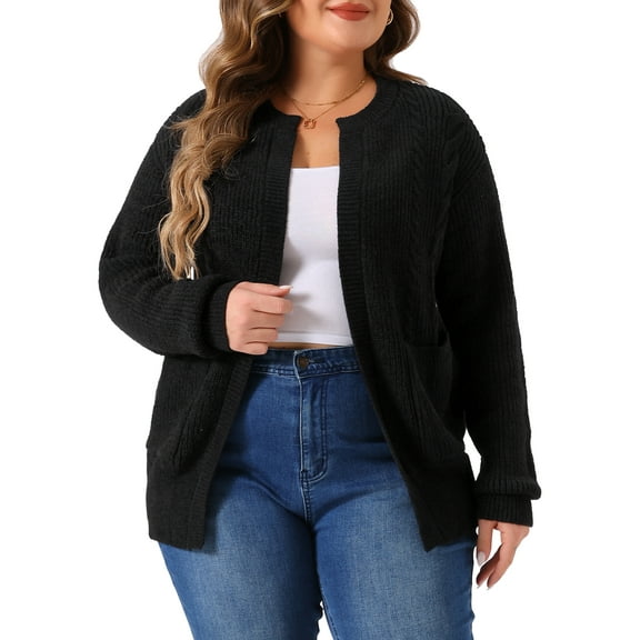 Agnes Orinda Women's Sweater Cardigans Plus Size Long Sleeve Crew Neck Classic Knit Cardigan Sweaters with Pockets 2X Black