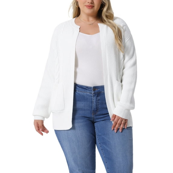 Agnes Orinda Women's Sweater Cardigans Plus Size Long Sleeve Crew Neck Classic Knit Cardigan Sweaters with Pockets 2X White