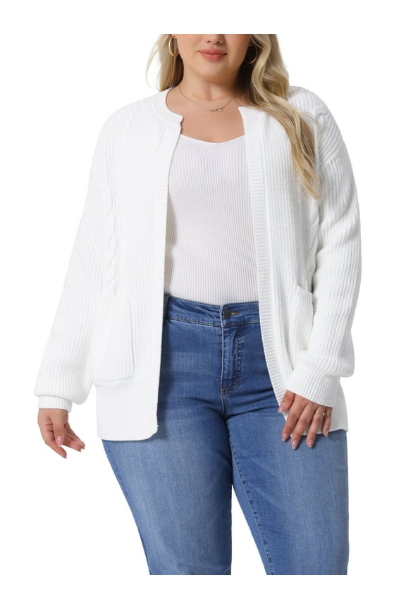 Women's Sweater Cardigans Plus Size Long Sleeve Crew Neck Classic Knit Cardigan Sweaters with Pockets 2X White