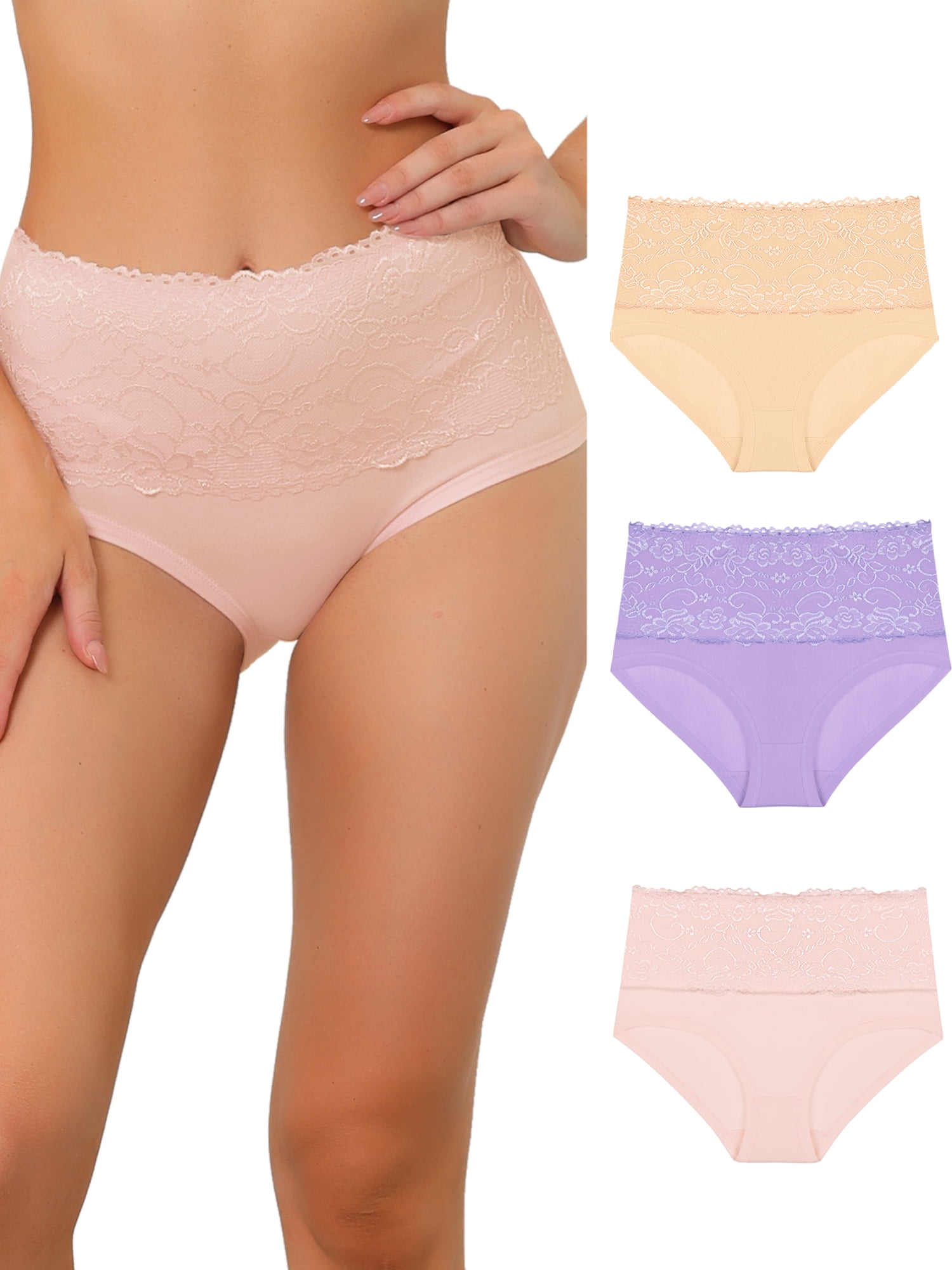 Agnes Orinda Women's Plus Size Panties Underwear Lace Breathable Mid Waist  Stretch Briefs Pink Small
