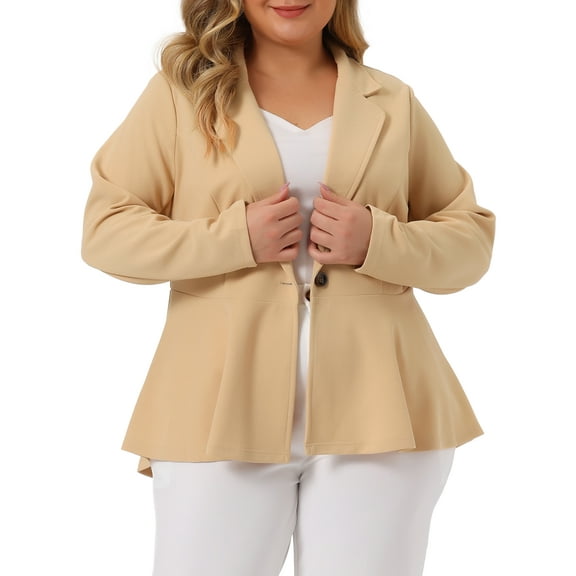 Agnes Orinda Women's Plus Size Blazer Button Notch Panel Ruffle Peplum Blazers 1X Apricot