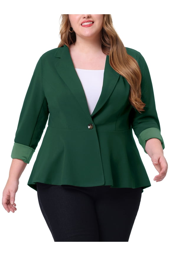 Women's Plus Size Blazer Button Notch Panel Ruffle Peplum Blazers 1X Dark Green