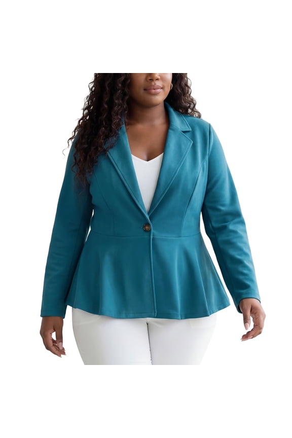 Women's Plus Size St. Patrick's Day Blazer Button Notch Panel Ruffle Peplum Blazers 1X Lake Blue