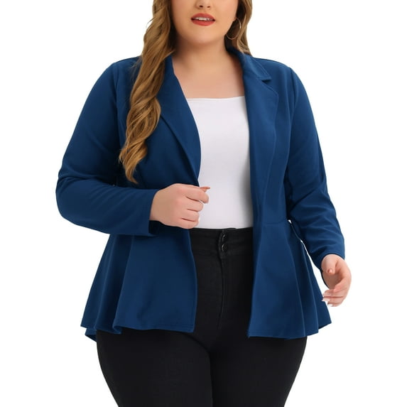 Agnes Orinda Women's Plus Size Blazer Button Notch Panel Ruffle Peplum Blazers 1X Roral Blue