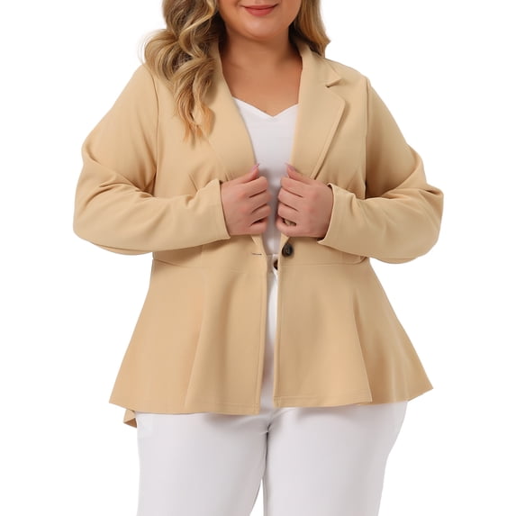 Agnes Orinda Women's Plus Size Blazer Button Notch Panel Ruffle Peplum Blazers 2X Apricot
