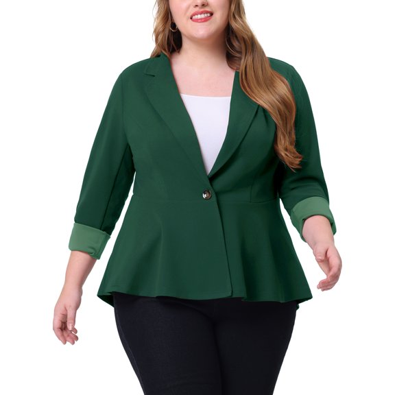 Agnes Orinda Women's Plus Size Blazer Button Notch Panel Ruffle Peplum Blazers 3X Dark Green