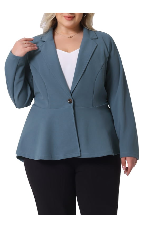 Women's Plus Size Blazer Button Notch Panel Ruffle Peplum Blazers 3X Grey Blue