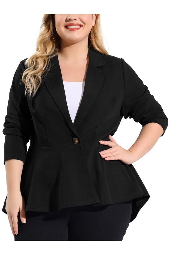 Women's Plus Size Blazer Button Notch Panel Ruffle Peplum Blazers 4X Black