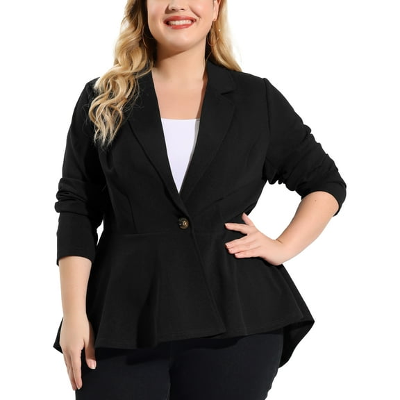 Agnes Orinda Women's Plus Size Blazer Button Notch Panel Ruffle Peplum Blazers 5X Black