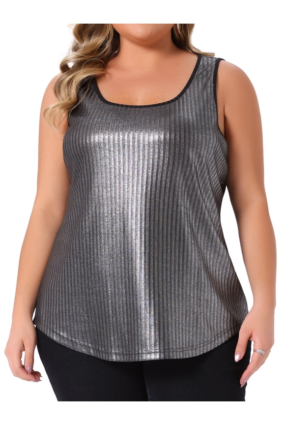 Women's Plus Size Metallic Tank Tops Party Glitter Camisole Sleeveless Square Neck Sparkly Tee Blouse 2X Silver