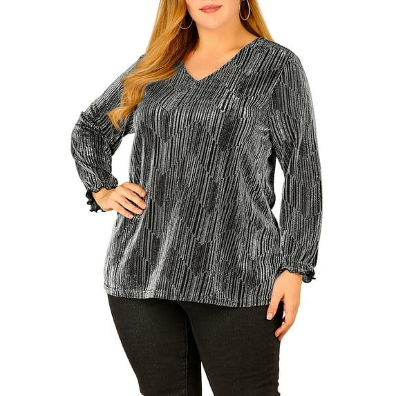 Agnes Orinda Womens Plus Size Top Metallic Party Glitter Long Sleeve Shiny Disco Sparkle Tops 2X Silver