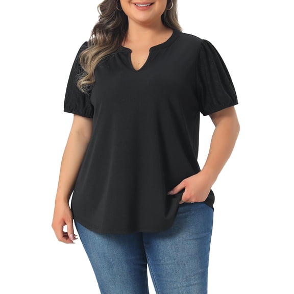 Agnes Orinda Women's Plus Size Tops V Neck Eyelet Embroidery Puff Sleeve Textured 2026 Summer Fashion Casual Tunic Blouse 1X Black
