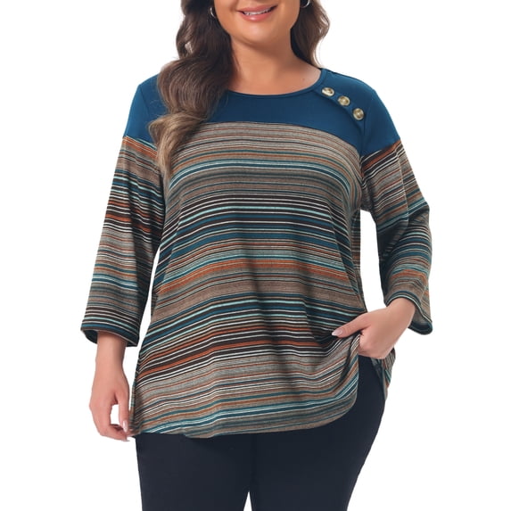 Agnes Orinda Women's Plus Size Blouses Color Block Striped Crew Neck 3/4 Sleeve Button Decor Patchwork Casual Tunic Tops 2X Blue