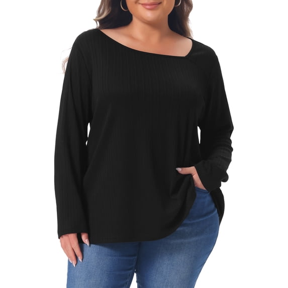 Agnes Orinda Womens Plus Size Tunic Tops Asymmetrical Neck Long Sleeve Soft Ribbed Casual Blouses 2X Black