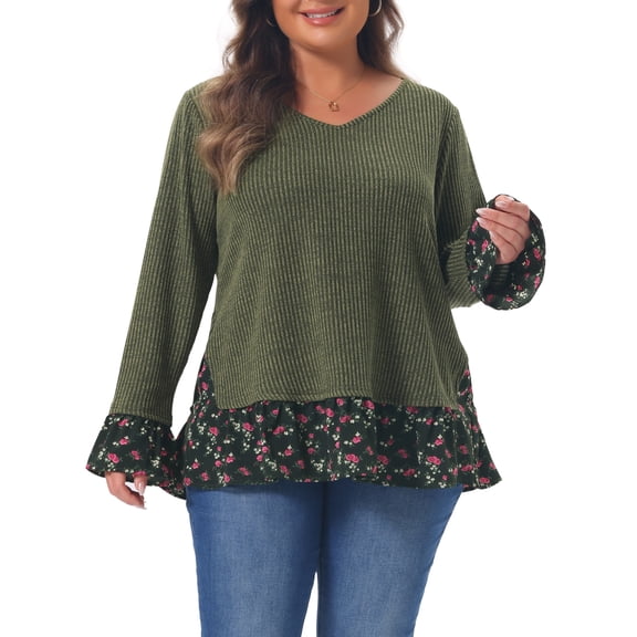 Agnes Orinda Women's Plus Size Halloween Outfits Tunic Tops Rib Knit Floral Patchwork Ruffle Hem V Neck Long Sleeve Casual Blouse 1X Army Green
