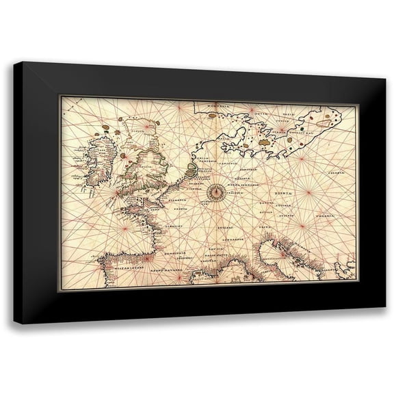 Agnese, Battista 14x11 Black Modern Framed Museum Art Print Titled - Portolan Map of Spain, England, France, Germany, The British Isles