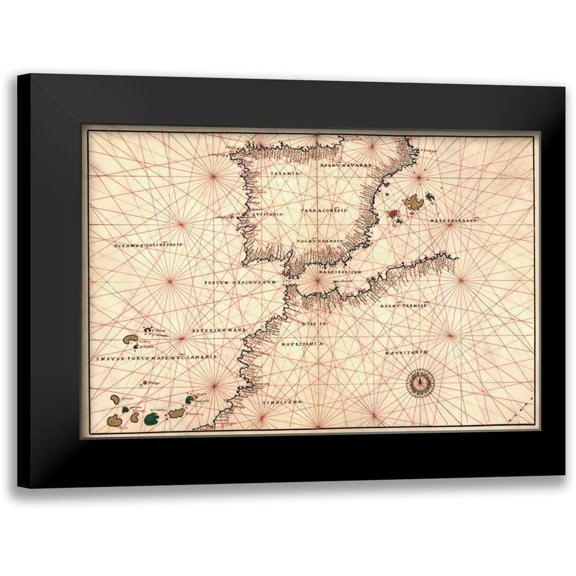 Agnese, Battista 14x11 Black Modern Framed Museum Art Print Titled - Portolan or Navigational Map of the Spain, Gibraltar and North Africa