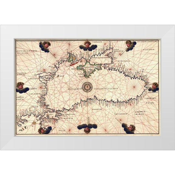 Agnese, Battista 14x11 White Modern Wood Framed Museum Art Print Titled - Portolan or Navigational Map of the Black Sea showing anthropomorphic winds