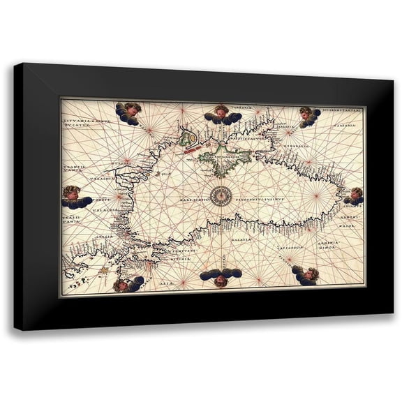 Agnese, Battista 18x13 Black Modern Framed Museum Art Print Titled - Portolan or Navigational Map of the Black Sea showing anthropomorphic winds