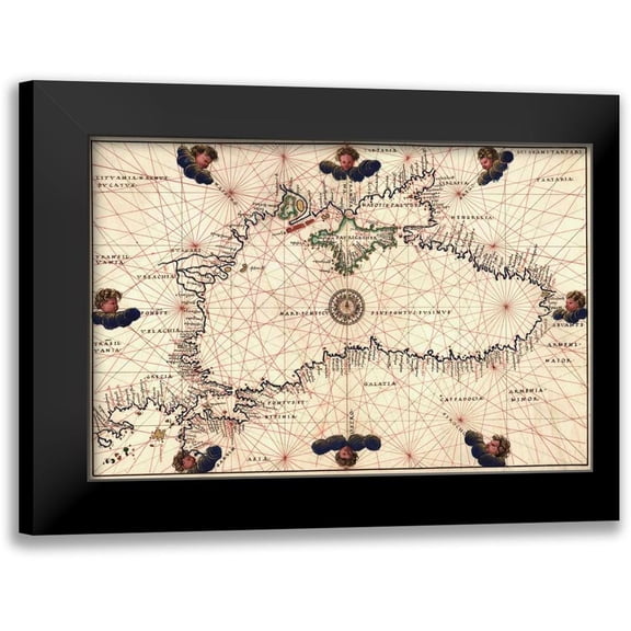 Agnese, Battista 18x13 Black Modern Framed Museum Art Print Titled - Portolan or Navigational Map of the Black Sea showing anthropomorphic winds