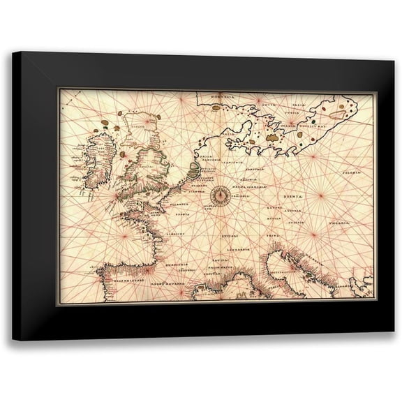Agnese, Battista 24x17 Black Modern Framed Museum Art Print Titled - Portolan Map of Spain, England, France, Germany, The British Isles