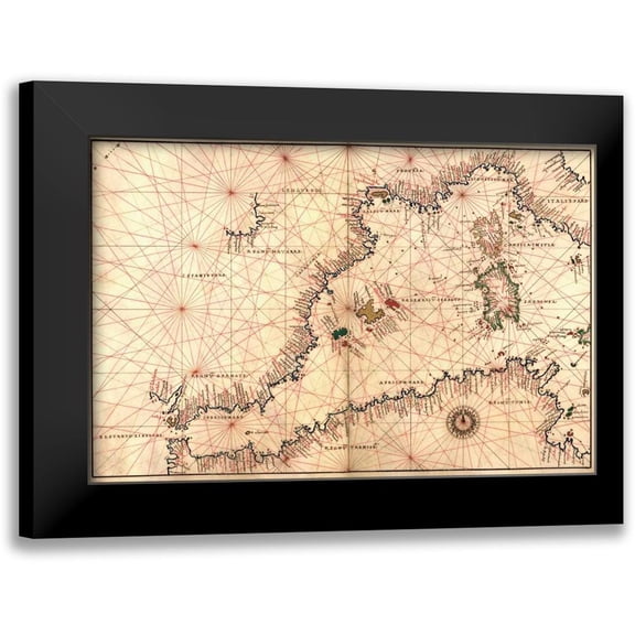 Agnese, Battista 24x17 Black Modern Framed Museum Art Print Titled - Portolan or Navigational Map of the Western Mediterranean from Gibraltar to Piedmont and Sardinia