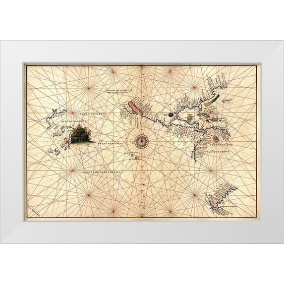 Agnese, Battista 24x17 White Modern Wood Framed Museum Art Print Titled - Portolan Map of the Western Hemisphere showing what will become the United States, Panama and a port