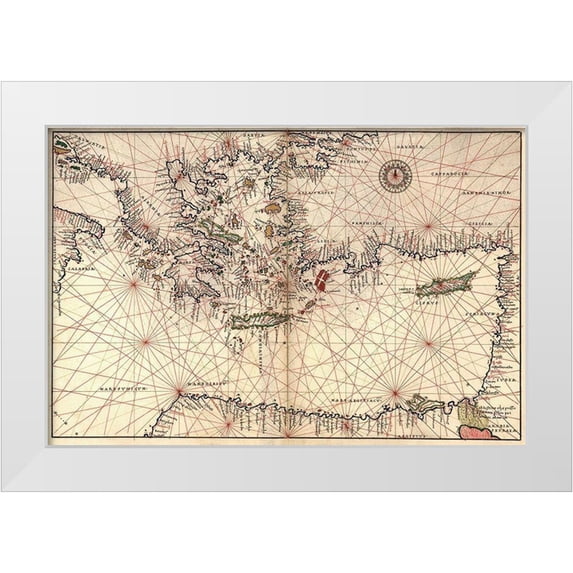 Agnese, Battista 32x23 White Modern Wood Framed Museum Art Print Titled - Portolan or Navigational Map of Greece, the Mediterranean and the Levant