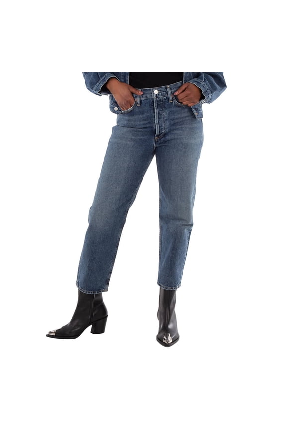 Ladies Imagine Med Dark Indigo 90S Crop Mid Rise Straight Jeans, Waist Size 23"