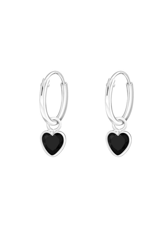 Agora Jewels Heart CZ Jet 925 Sterling Silver Charm Hoop Earrings for Women, Girls, Jewelry Gift for Her, Mother, Wife, etc.