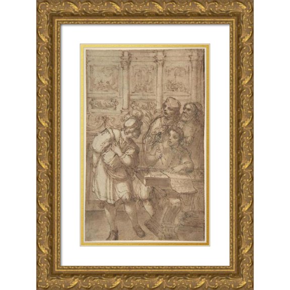 Agostino Tassi 17x24 Gold Ornate Framed and Double Matted Museum Art Print Titled - Architect in His Study Holding a Compass and Conversing with Three Men (17th Century)