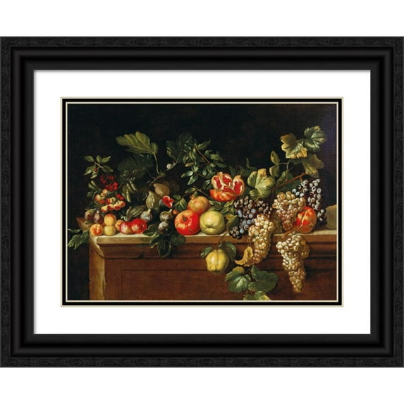 Agostino Verrocchio 18x14 Black Ornate Wood Framed Double Matted Museum Art Print Titled - Apples, Grapes, Figs and Pomegranates and Other Fruit on a Ledge