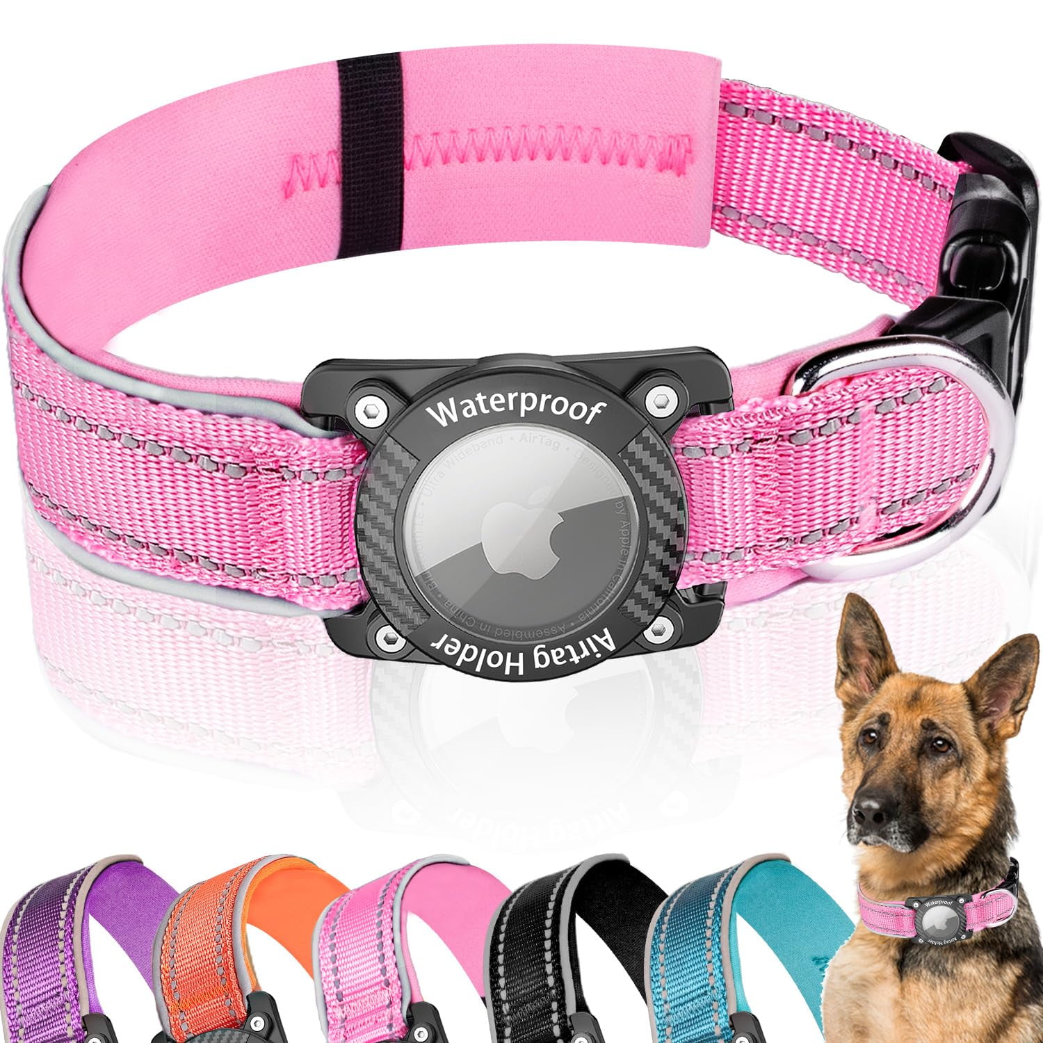 AgoumLux AirTag Dog Collar, 100% Waterproof Dog Collar with Apple Air Tag Holder, Reflective Adjustable Heavy Duty Dog Collars with Soft Padded for Small, Medium and Large Dogs,Pink, L C25