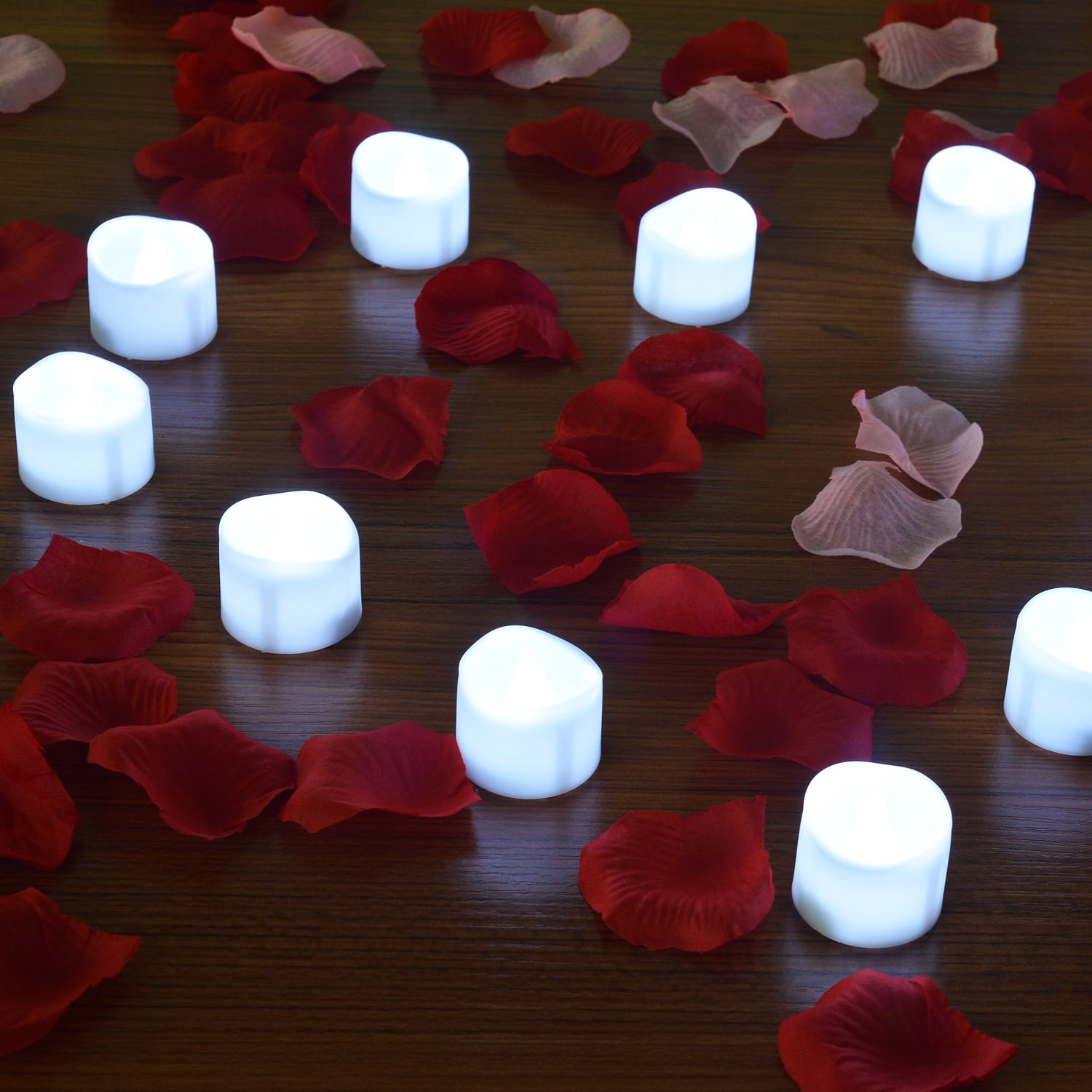 White Flameless LED Tealight Candles with Rose Petals