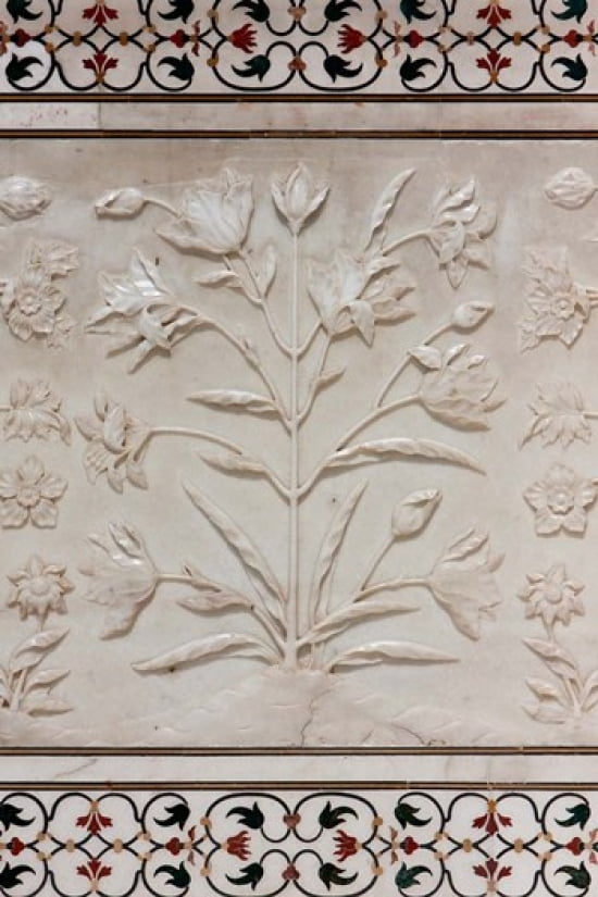 Agra India Taj Mahal Engraved Floral Designs in White Marble Canvas Art - Charles O Cecil DanitaDelimont (23 x 35)