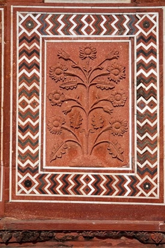 Agra India Taj Mahal Mosque Floral Design in Red Sandstone Canvas Art - Charles O Cecil DanitaDelimont (18 x 24)