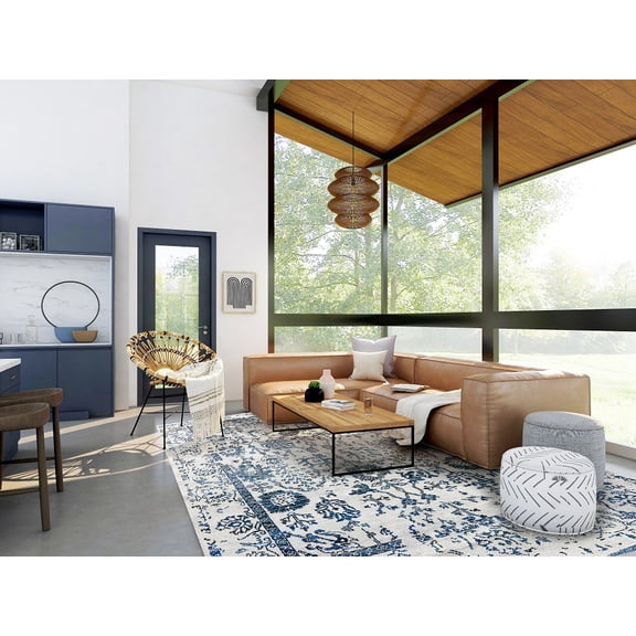 Agra Vintage Vase Navy Silver Hand Knotted Rug 5' x 7'