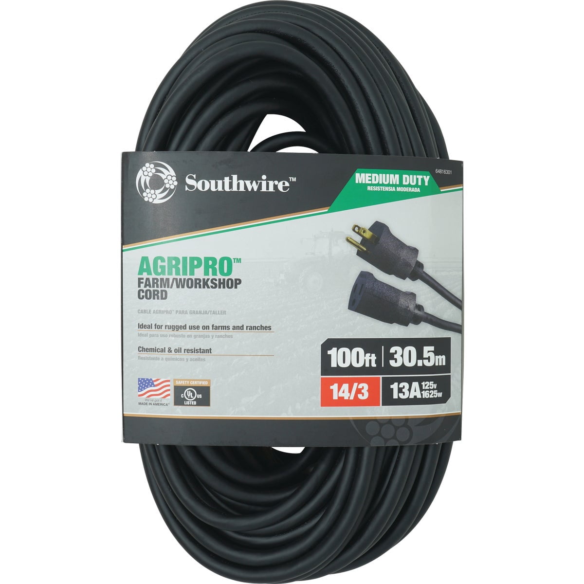 Agri-Pro Enterprises AgriPro Southwire 64816301 14/3 SJTOW 100-Foot Medium-Duty 13 Amp Farm/Workshop Extension Cord, Made in The USA, 100-Fee