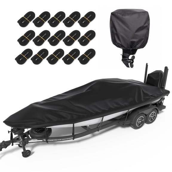 Agricasst 1200D Trailerable Boat Cover, 22-24FT Heavy Duty Waterproof Tarp Covers with Boat Motor Cover & 15 Adjustable Traps, Bass Boat Cover for V-Hull Fish Ski Pro-Style Fishing Runabout, Black
