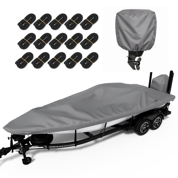 Agricasst 22-24FT Trailerable Boat Cover, 1200D Heavy Duty Waterproof Tarp Covers with Boat Motor Cover & 15 Adjustable Traps, Bass Boat Cover for V-Hull Fish Ski Pro-Style Fishing Runabout, Grey