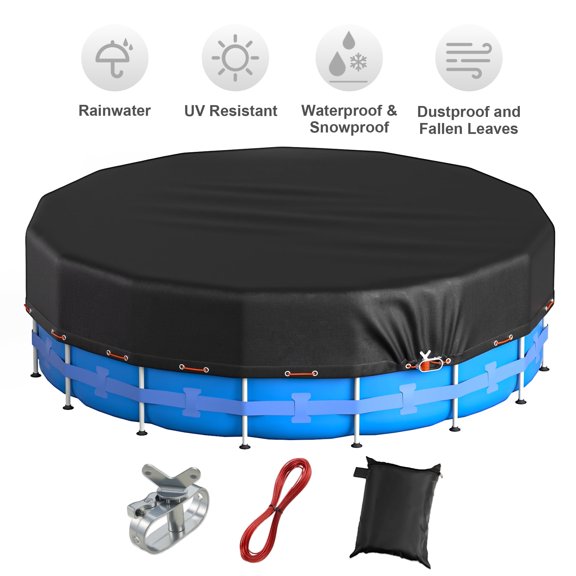 Agricasst Round Pool Cover with Winch and Cable, 16FT Solar Pool Cover, Premium Black 420D Inflatable Pool Cover for Above Ground Pool Stability, Outdoor Backyard Pools, All Weather