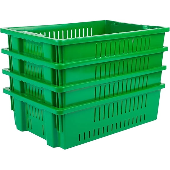 Agricultural Nest and Stack Vented Crate Handled Storage Container Tote, Green (4 Pack)