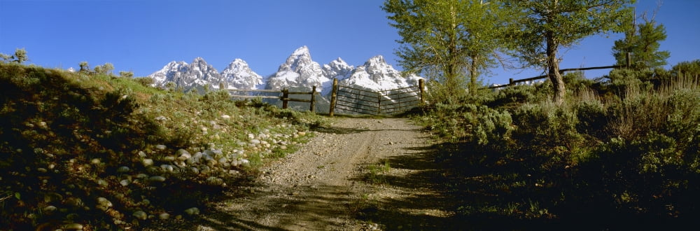 Agriculture - Gravel ranch road and gate with the snow capped Grand Teton mountains in the background Teton County Wyoming USA Canvas Art - Charles Blakeslee Design Pics (30 x 10)