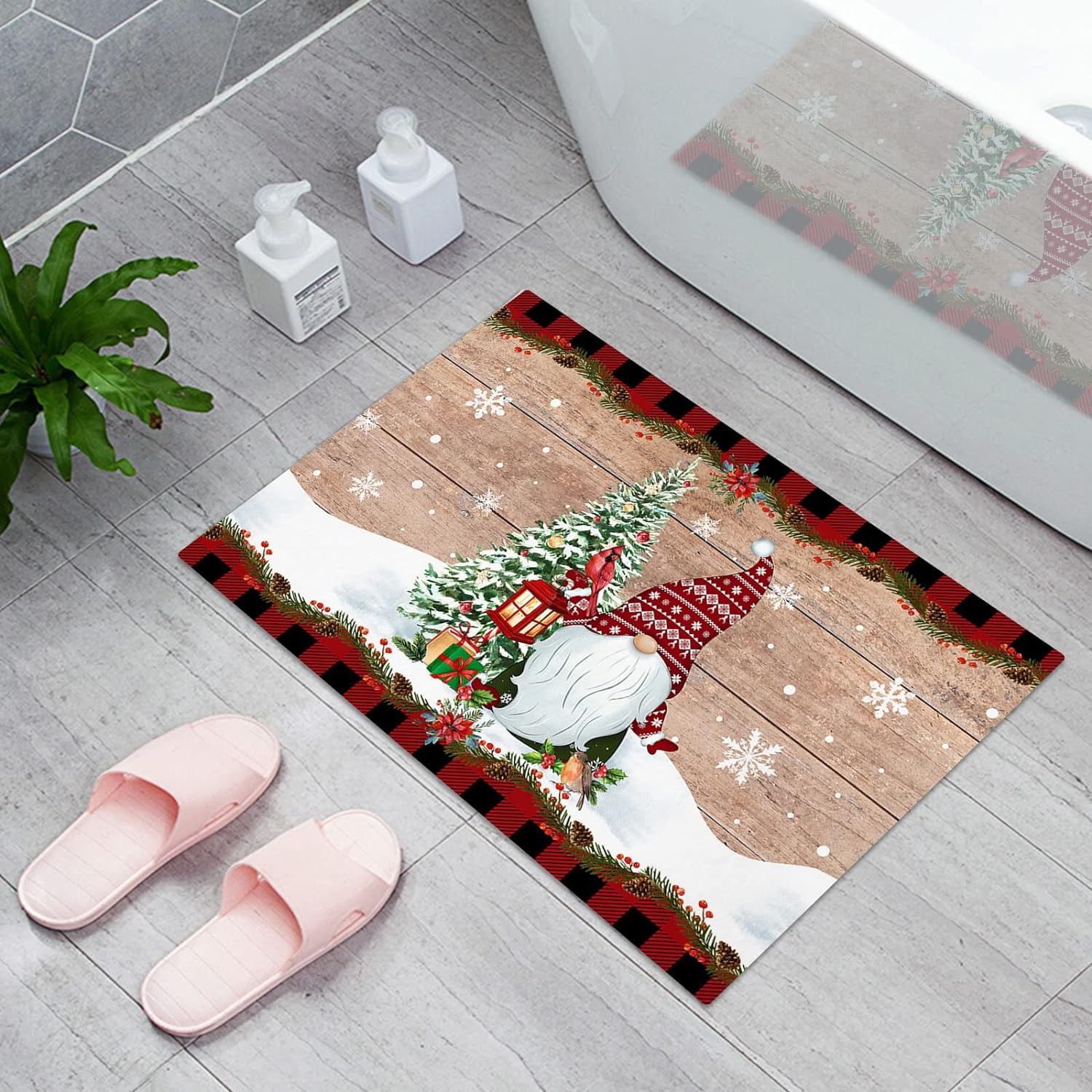 Agriism Indoor Door Mat Winter Christmas Dwarf with Cardinal Red Birds