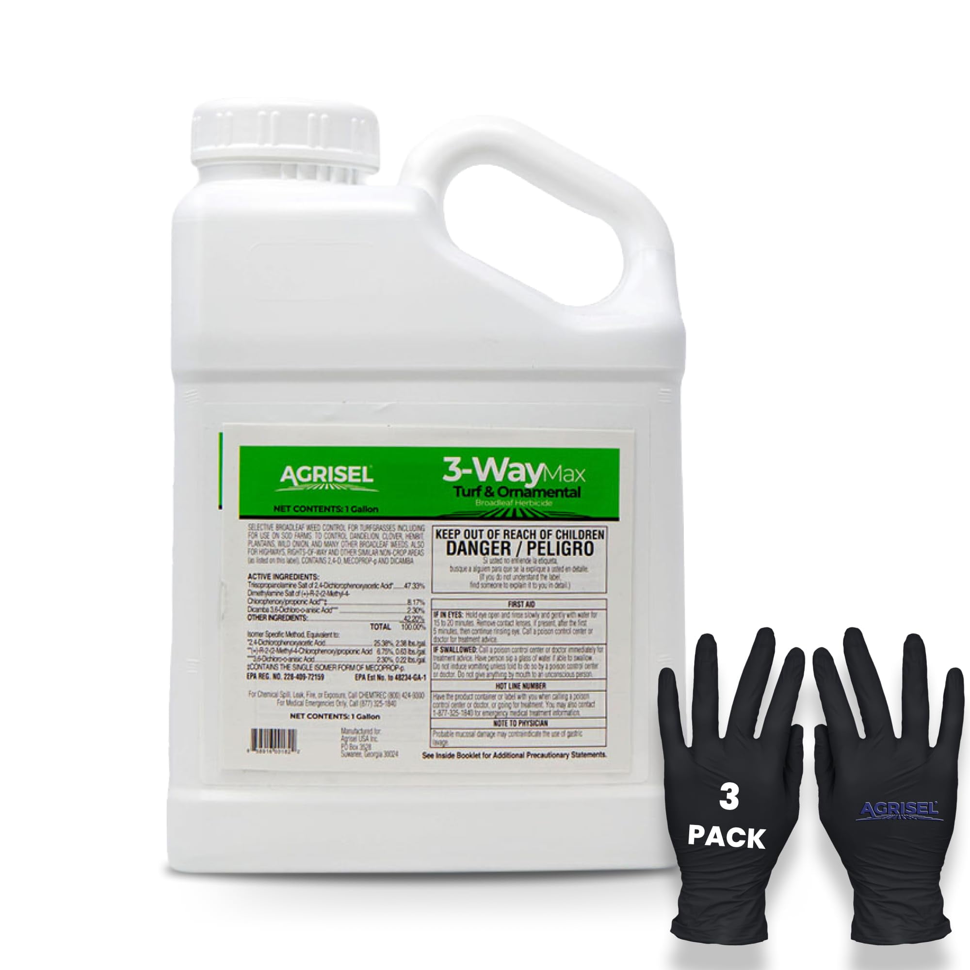 Agrisel 3 Way Max Weed Killer, Broadleaf Control, Safe on Grass, 128 oz +  Gloves