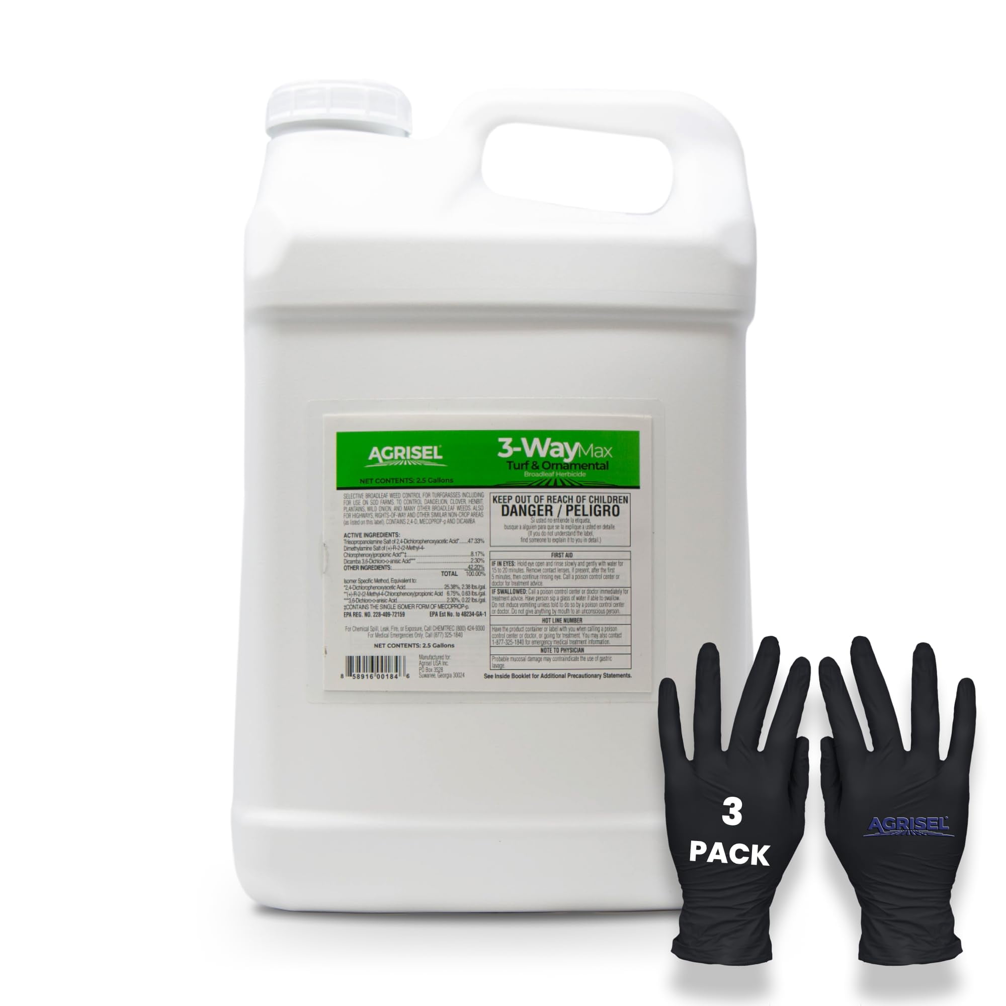 Agrisel 3 Way Max Weed Killer, Broadleaf Control, Safe on Grass, 320 oz + Gloves