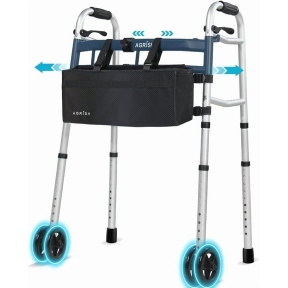 Agrish Narrow Walkers for Small Spaces - Width Height Adjustable Walker, Narrow Walkers with Storage Bag, Lightweight Folding Walker for Seniors Handicapped & Disabled, Up to 400lbs
