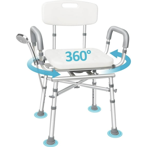 Agrish Swivel Shower Chair with Removable Arms & Back – 400lbs Capacity, Height-Adjustable Bath Seat for Elderly, Disabled Adults