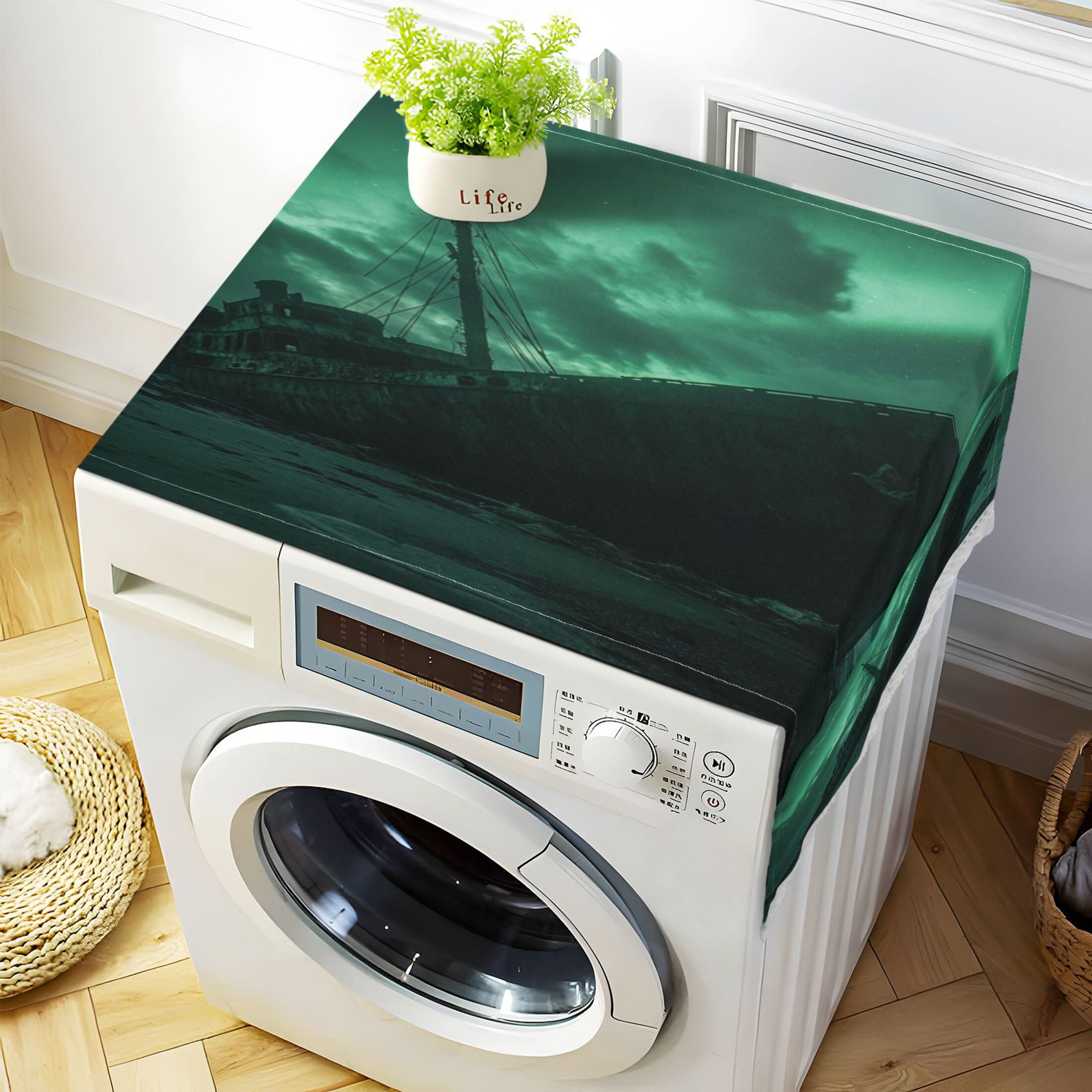Aground BoatWasher and Dryer Covers Dust-Proof and Oil Resistant Fridge Cover with 4 Storage Pockets Washing Machine Top Cover for Laundry Kitchen Home 51.2 x 22 In