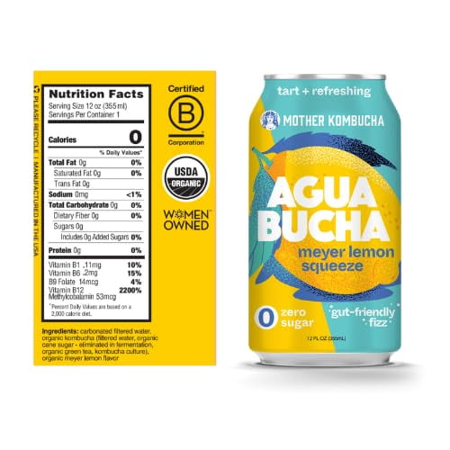 Agua Bucha | Kombucha Infused Sparkling Water | Meyer Lemon Flavor | Light & Delicious | Rich with Vitamins & Zero Calories | USDA Organic | No Artificial Ingredients | High B12 | 12 fl Oz (12 pack)